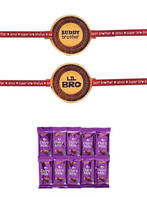 Chocolates Gift Combo for Brother, 2 Rakhi with 10 Pcs Dairy Milk Chocolates.