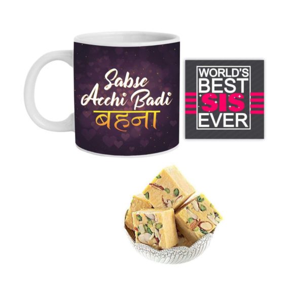 Yaya Cafe Rakhi Sweets Gift Combo for Sister, Sabse Acchi Badi Behan Hamper Set of 3 - Mug, Coaster, Badam Patisa - 1 Kg