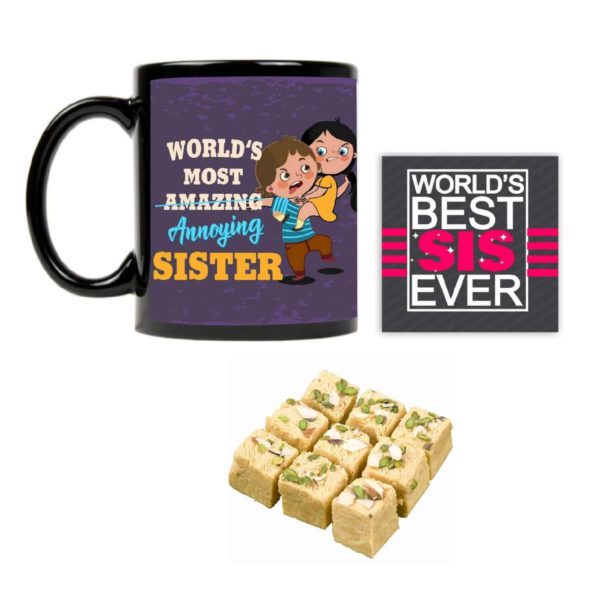 Yaya Cafe™ Rakhi Sweets Gift Combo for Sister, Worlds Most Annoying Sister Mug, Badam Patisa, Coaster Gift Combo of 3 Birthday