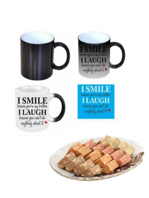 Yaya Cafe™ Rakhi Sweets Gift Combo for Brother, Funny Teasing I Smile I Laugh Brother Mug, MEWA Bites, Coaster Gift Combo of 3