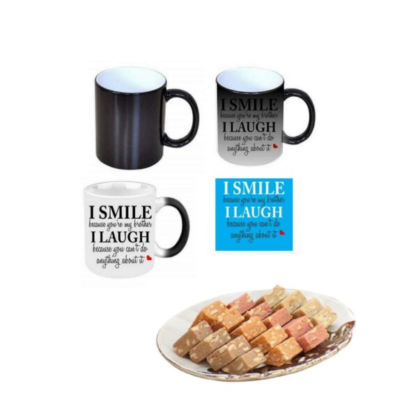 Yaya Cafe™ Rakhi Sweets Gift Combo for Brother, Funny Teasing I Smile I Laugh Brother Mug, MEWA Bites, Coaster Gift Combo of 3