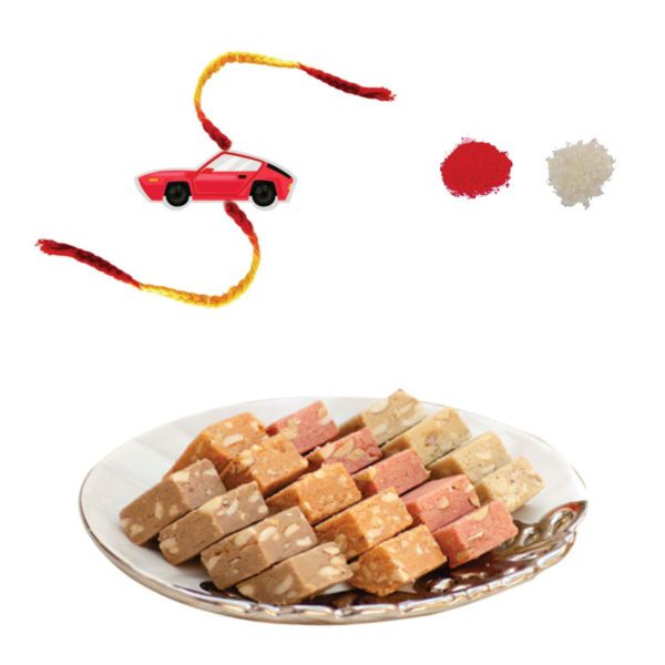 Car Kida Rakhi with Mewa Bites Burfi Gift Combo Pack of -2