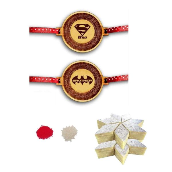 YaYa Cafe Rakhi Sweets Gift Combo for Brother, Super Batman Brothers with 2 Rakhi,Kaju Katli - 500 gm, Gift Combo of 3 Raksha