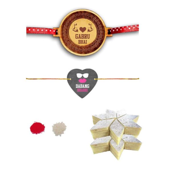 YaYa cafe Rakhi Sweets Gift Combo for Brother Bhabhi, Gabru Bhai Dabang Bhabhi with 2 Rakhis, Kaju Katli - 1kg, Gift Combo of 3