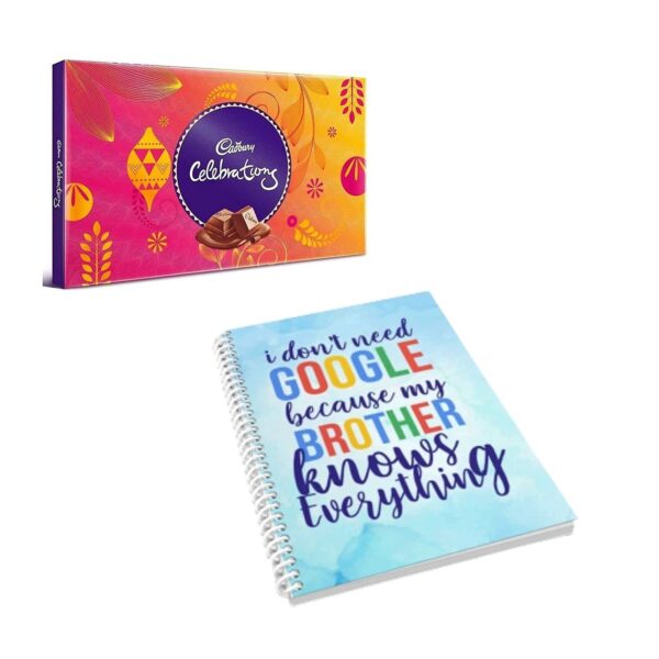 YaYa cafe Rakhi Combo for Brother - Cadbury Celebrations Assorted Chocolate Pack - 186.6g with Coolest Bro Printed Wirebound A5