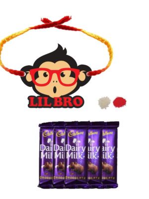 Chocolates Gift Combo for Brother,  Monkey Lil Bro Printed  Rakhi with 5 Pcs Dairy Milk Chocolates.