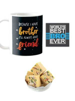 Yaya Cafe� Rakhi Sweets Gift Combo for Brother, Always Brother Friend Mug, Badam Patisa, Coaster Gift Combo of 3 Birthday