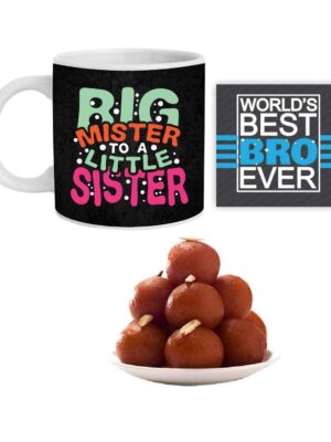 TheYaYaCafe Brother Big Mister to A Little Sister Hamper, Set of 4 - Mug, Coaster, Gulab Jamun - 1 Kg, Printed Rakhi (No.1 Bro -