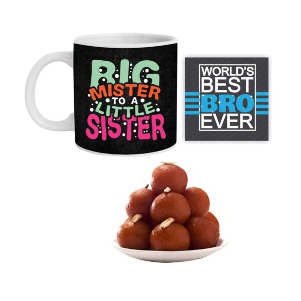 TheYaYaCafe Brother Big Mister to A Little Sister Hamper, Set of 4 - Mug, Coaster, Gulab Jamun - 1 Kg, Printed Rakhi (No.1 Bro -
