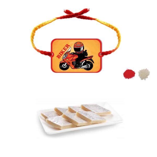 YaYa Cafe Rakhi Sweets Gift Combo for Brother Biker Bro Printed Rakhi, Kaju Katli - 500 gm, Gift Combo of 2 Raksha Bandhan