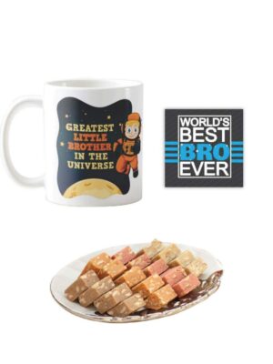 Yaya Cafe™ Rakhi Sweets Gift Combo for Brother, Greatest Little Brother Mug, MEWA Bites, Coaster Gift Combo of 3 Birthday
