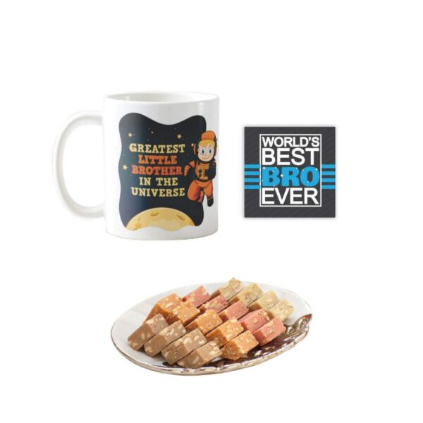 Yaya Cafe™ Rakhi Sweets Gift Combo for Brother, Greatest Little Brother Mug, MEWA Bites, Coaster Gift Combo of 3 Birthday