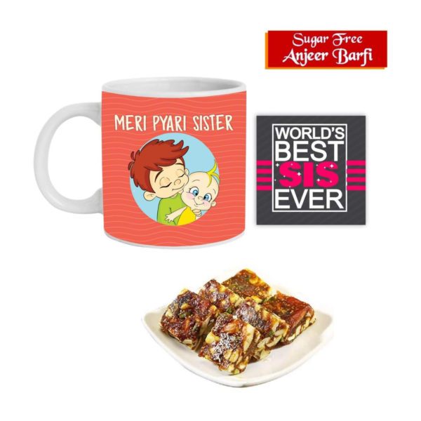 Mere Pyari Sister Hamper Set of 3 - Mug, Coaster, Anjeer Burfi - 1 Kg