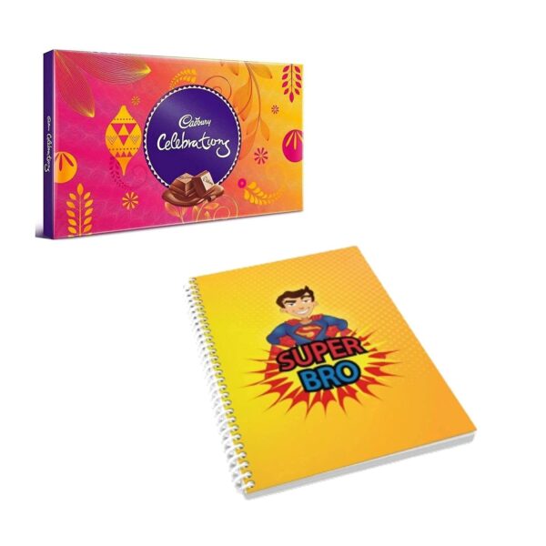YaYa cafe Rakhi Combo for Brother - Cadbury Celebrations Assorted Chocolate Pack - 186.6g with Coolest Bro Printed Wirebound A5