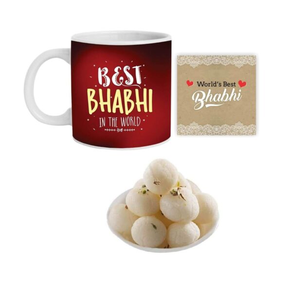 Yaya Cafe Rakhi Sweets Gift Combo for Bhabhi, Best Bhabhi in The World Hamper Set of 4 - Mug, Coaster, Rasgulla - 1 Kg, Printed