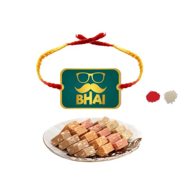Sweets Gift Combo for Brother Moustache Bhai Printed Rakhi with MEWA Bites Burfi