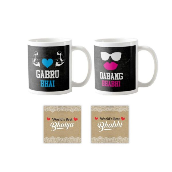 Yaya Cafe� Rakhi Sweets Gift Combo for Bhaiya Bhabhi, Gabru Bhai Dabang Bhabhi Mug, Gulabjamun, Coaster Gift Combo of 5