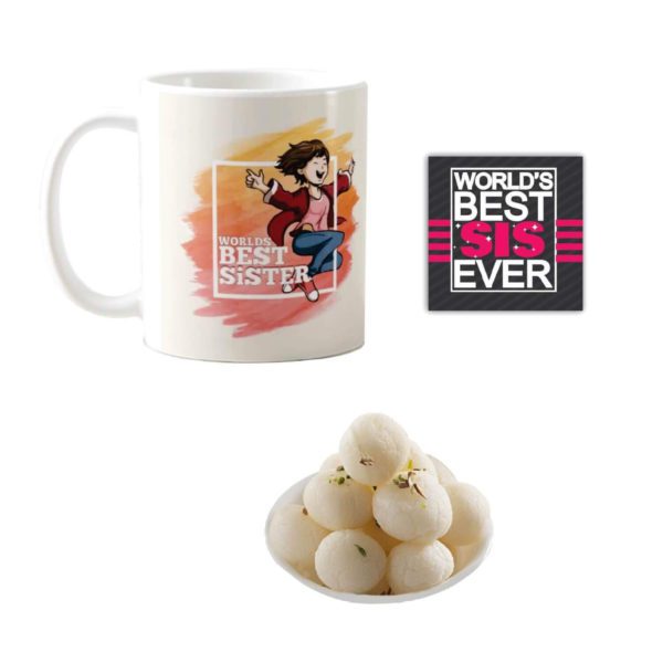 Yaya Cafe� Rakhi Sweets Gift Combo for Sister,Worlds Best Sister Mug, Rasgulla, Coaster Gift Combo of 3 Birthday