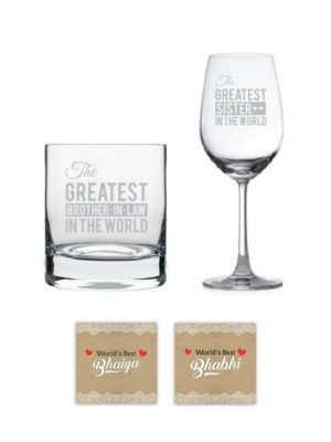 YaYa Café The Greatest Brother Sister In Law Whiskey and Wine Glasses, Rakhi, Roli-Chawal, Coasters Set Of 7-Combo