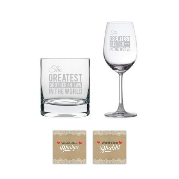 YaYa Café The Greatest Brother Sister In Law Whiskey and Wine Glasses, Rakhi, Roli-Chawal, Coasters Set Of 7-Combo