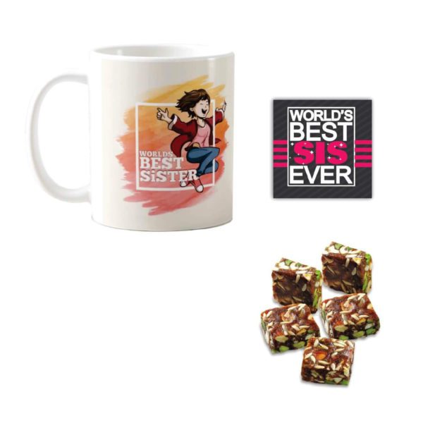 Yaya Cafe™ Rakhi Sweets Gift Combo for Sister,Worlds Best Sister Mug, Anjeer barfi, Coaster Gift Combo of 3 Birthday