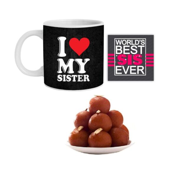 Yaya Cafe Rakhi Sweets Gift Combo for Sister,I Love My Sister Hamper Set of 3 - Mug, Coaster, Gulab Jamun - 1 Kg