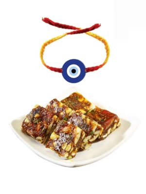 Yaya Cafe Printed Rakhi Sweets Gift Combo for Brothers, Evil Eye Printed Rakhi, Anjeer Barfi - 1kg, Gift Combo Raksha Bandhan
