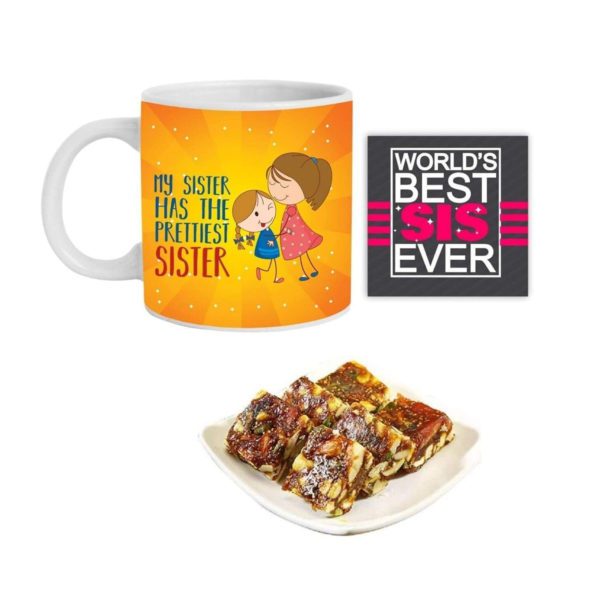 My Sister Has The Prettiest Sister Hamper Set of 3 - Mug, Coaster, Anjeer Burfi - 1