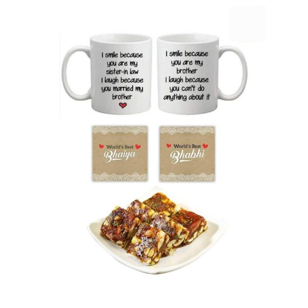 Yaya Cafe™ Rakhi Sweets Gift Combo for Bhaiya Bhabhi, Funny Teasing I Smile I Laugh Bhaiya Bhabhi Mug, Anjeer barfi, Coaster
