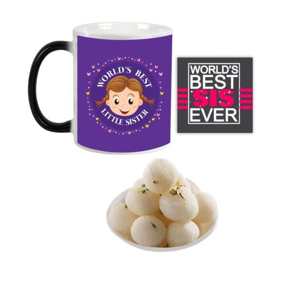 Worlds Best Little Sister Hamper Set of 3 - Magic Mug, Coaster, Rasgulla - 1 Kg