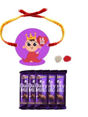 Chocolates Gift Combo for Sister , Lil Sis Kids  Rakhi with 5 Pcs Dairy Milk Chocolates.