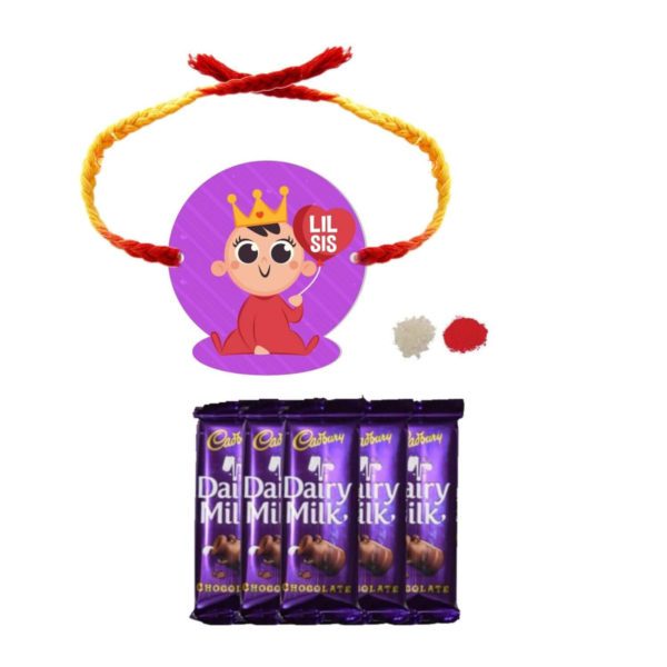 Chocolates Gift Combo for Sister , Lil Sis Kids  Rakhi with 5 Pcs Dairy Milk Chocolates.