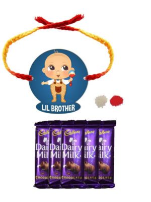 Chocolates Gift Combo for Brother, Lil Bro Kids  Rakhi with 5 Pcs Dairy Milk Chocolates.