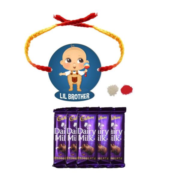 Chocolates Gift Combo for Brother, Lil Bro Kids  Rakhi with 5 Pcs Dairy Milk Chocolates.