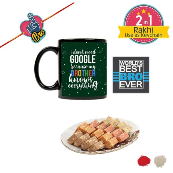 YaYa cafe Combo of Google Brother Mug, Engraved Wooden Rakhi, Mewa Bites, 400 gm, Roli-Tika (Multicolour)