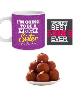 Yaya Cafe Rakhi Sweets Gift Combo for New Sister, I Am Going to Be Big Sister Hamper Set of 3 - Mug, Coaster, Gulab Jamun - 1 Kg