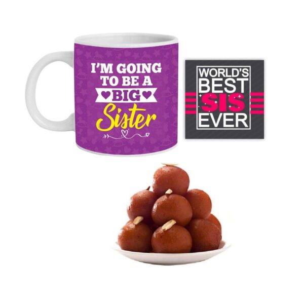Yaya Cafe Rakhi Sweets Gift Combo for New Sister, I Am Going to Be Big Sister Hamper Set of 3 - Mug, Coaster, Gulab Jamun - 1 Kg