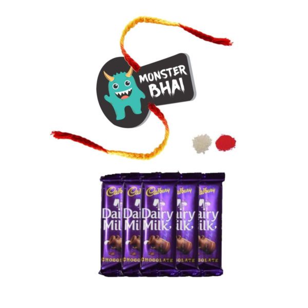 YaYa Cafe™ Rakhi Chocolates Gift Combo for Brother, Monster Bhai Rakhi with 5 Pcs Dairy Milk Chocolate Gift Combo Birthday