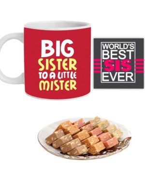 Big Sister to A Little Mister Hamper Set of 3 - Mug, Coaster, MEWA Bites - 400 gm