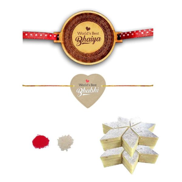 YaYa cafe Rakhi Sweets Gift Combo for Brother Bhabhi, Worlds Best Bhaiya Bhabhi with 2 Rakhis, Kaju Katli - 300 gm, Gift Combo