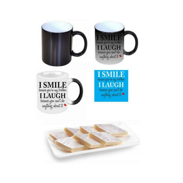 YaYa cafe Rakhi Sweets with Laugh Brother Mug, Coaster, Kaju Katli 100g and Roli Tika - Pack of 4