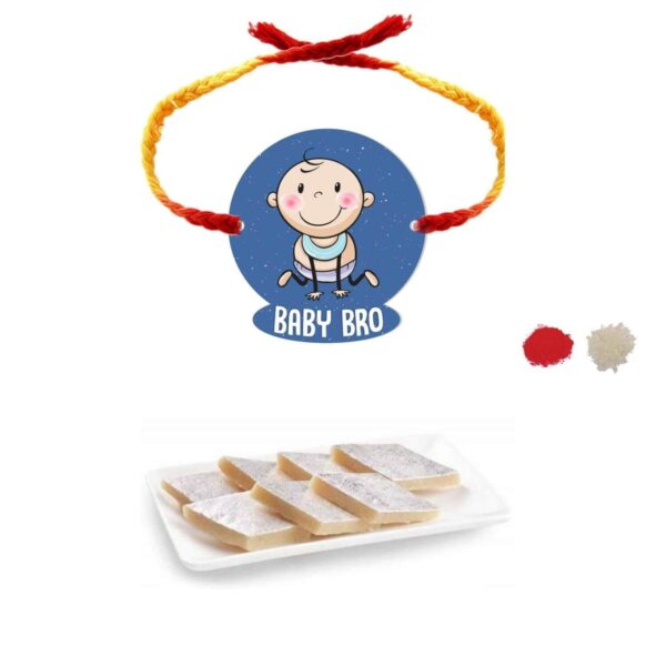 YaYa Cafe Rakhi Sweets Gift Combo for Brother Baby Bro Printed Rakhi, Kaju Katli - 100 gm, Gift Combo of 2 Raksha Bandhan