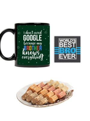 YaYa cafe Combo of Google Brother Mug, Engraved Wooden Rakhi, Mewa Bites, 400 gm, Roli-Tika (Multicolour)