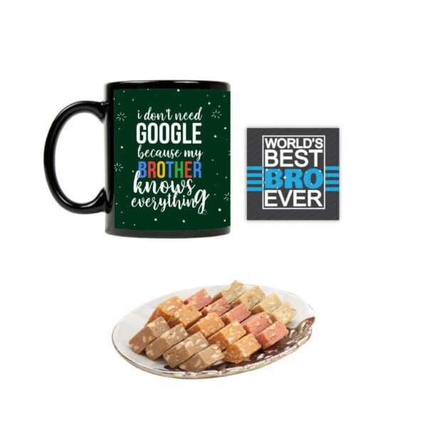 YaYa cafe Combo of Google Brother Mug, Engraved Wooden Rakhi, Mewa Bites, 400 gm, Roli-Tika (Multicolour)