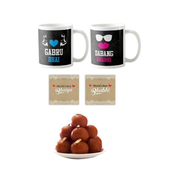 Yaya Cafe� Rakhi Sweets Gift Combo for Bhaiya Bhabhi, Gabru Bhai Dabang Bhabhi Mug, Gulabjamun, Coaster Gift Combo of 5
