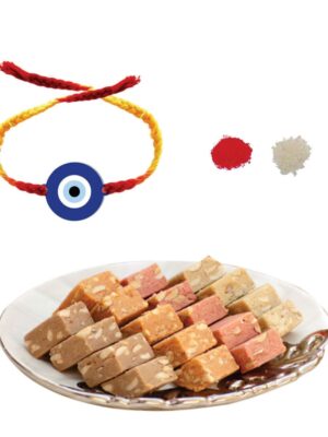 Yaya Cafe™ Rakhi Sweets Gift Combo for Brother, Evil Eye Rakhi, MEWA Bites Burfi - 400 gm, Gift Combo Raksha Bandhan