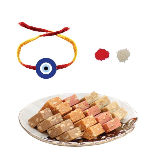 Yaya Cafe™ Rakhi Sweets Gift Combo for Brother, Evil Eye Rakhi, MEWA Bites Burfi - 400 gm, Gift Combo Raksha Bandhan