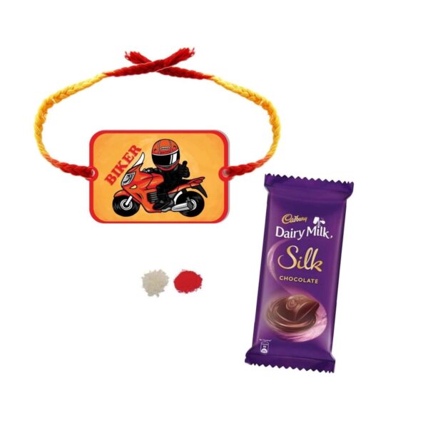 YaYa Cafe™ Rakhi Chocolates Gift Combo for Brother, Biker Bro Rakhi with 1 Dairy Milk Silk Chocolate Gift Combo Birthday