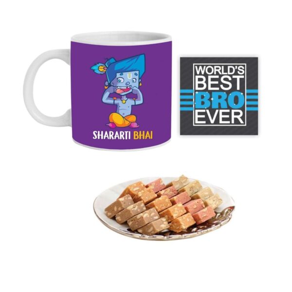 Yaya Cafe Rakhi Sweets Gift Combo for Brother , Shararti Bhai Hamper Set of 4 - Mug, Coaster, MEWA Bites - 400 gm, Printed Rakhi