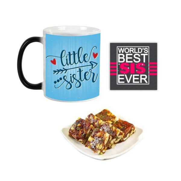 Little Sister Hamper Set of 3 - Magic Mug, Coaster, Anjeer Burfi - 1 Kg